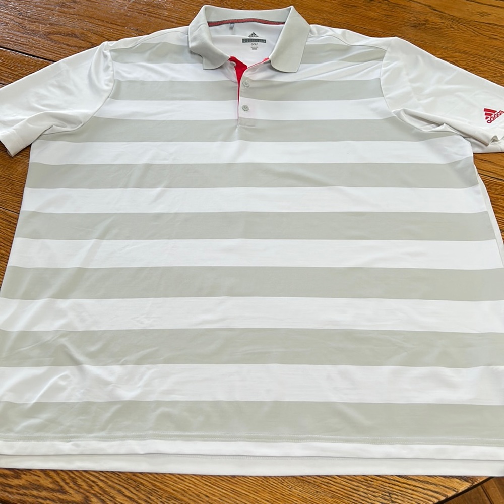 Adidas Golf polo shirt.  Size 2XL. Gray and white stripe.